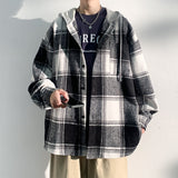 Autumn Black/Green Woolen Shirt Men Fashion Casual Plaid Hooded Shirt Men Korean Loose Long-sleeved Shirt Mens Plus Size M-5XL