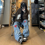 Foesce  New Rose Embroidery Jeans Y2k Aesthetic Old Jeans Women Casual Loose Wide-leg Harajuku Pants Vintage 90s Trousers
