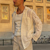 Foesce Vintage Lace Embroidery Shirts Men Autumn Fashion Solid Color Loose Long Sleeve Buttoned Cardigans Casual Mens Shirt Streetwear