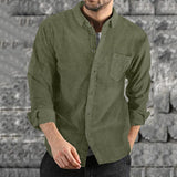 Foesce Leisure Slim Fit Solid Color Corduroy Shirts Men Fall Fashion Turn-down Collar Buttoned Cardigan Tops Mens Spring Fashion Shirt