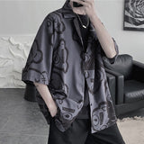 Summer Short Sleeved Shirts Men Korean Baggy Cartoon Elements Print Half Sleeved Blouses Casual Tops Male Y2K Clothes Oversized