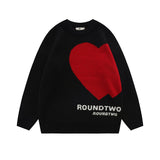 Harajuku Retro Love Pattern Letter Spliced White Black Casual Pullover Sweater for Male and Female Crew Neck Loose Knitted Tops