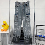 Punk Denim Pants Men Harajuku Flame Cross Print Color Block Baggy Jeans Male Straight Trousers Multi-Pockets New Autumn Winter