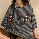 Vertical Striped Japanese Retro Short Sleeve Casual Shirts Men Couple Top Bear Print Button Up Shirt Summer Punk Style