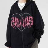 Y2k Zip Up Hoodie Women Hip Hop Heart Graffiti Letter Print Hooded Sweatshirts Female Harajuku Goth Punk Jacket Coats Streetwear