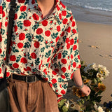 Summer Beach Hawaiian Rose Shirts Vintage Red Floral Button Up Shirt Men Women Loose Casual Tops Large 2XL Japan Kawaii Tee