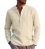 Foesce Men's Casual Cotton Linen Shirts Solid White V Neck Men Long Sleeve Shirt Button Pocket Tops Blouse Pullovers Camisas De Hombre