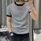 Spring Short Sleeve Sweater T-shirt Men Plaid Knitted Thickened Sweater Tshirt Streetwear High Quality Men Tee Shirt Homme