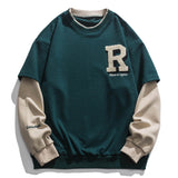 Foesce Vintage Flocked Letter Fake Two Patchwork Hoodie Pullover Harajuku Sweatshirts Men Hip Hop Streetwear Loose Casual Tops