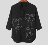 Men Shirt Printed Stand Collar 3/4 Sleeve Streetwear Casual Shirts Button Stylish Leisure Camisa Masculina S-3XL