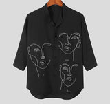 Men Shirt Printed Stand Collar 3/4 Sleeve Streetwear Casual Shirts Button Stylish Leisure Camisa Masculina S-3XL