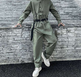 Men Jumpsuits Solid Lapel Long Sleeve Streetwear Fashion Casual Rompers Button Men Cargo Overalls With Belt S-5XL