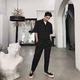 Foesce Casual Men's Short-sleeved Jumpsuit Japanese Style Waist Drawstring Design New Loose Simple Fashionable Pants