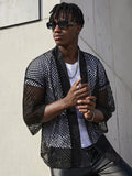 Foesce Mesh See-through Fishnet Mens Shirt Cardigan Fashion Sexy Shawl Nightclub Wear Tops 3/4 Sleeve Camisas Streetwear For Men