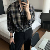 Foesce Autumn Cotton Long Sleeve Shirt Men Fashion Retro Khaki Black Plaid Shirts Mens Korean Loose Oversized Casual Shirt Men M-2XL