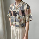 Foesce Vintage Chic Geometry Graphic Button Up Shirt Woman Top Women Shirts Summer Streetwear Casual Short Sleeve Tops  Kawaii Japanese