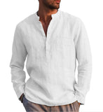 Foesce Men's Casual Cotton Linen Shirts Solid White V Neck Men Long Sleeve Shirt Button Pocket Tops Blouse Pullovers Camisas De Hombre