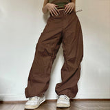 Women Casual Wide Leg Cargo Pants Vintage Low Waist Drawstring Joggers Tech Pants Solid Button Hippie Streetwear Baggy Trousers