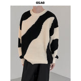 Autumn and Winter O-Neck Knit Sweater for Men Cow Patchwork Pullover Men Loose Casual Harajuku New Mens Oversized Sweater