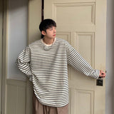 Autumn Cotton Long Sleeve T-Shirt Men Fashion Casual O-Neck T-Shirt Men Korean Loose Striped T Shirt Mens Top Large Size M-5XL