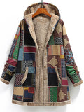 Winter Vintage Women Coat Warm Printing Thick Fleece Hooded Long Jacket with Pocket Ladies Outwear Loose Coat for Women