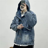 Cargo Denim Hoodie Men Fashion Streetwear Multi-Pocket Hip Hop Harajuku Street Hooded Sweatshirt