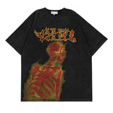 Summer Oversize Bomber T-Shirt Men Skulls Printed Baggy Tees Fashion Korean Streetwear Washed Short Sleeved Tops Clothing Male