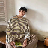 Autumn Cotton Long Sleeve T-Shirt Men Fashion Casual O-Neck T-Shirt Men Korean Loose Striped T Shirt Mens Top Large Size M-5XL