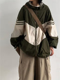 Foesce Vintage Hooded Jacket Women Japanese Style Quick Dry Green Outerwear Oversized Harajuku Retro Patchwork Brown Top