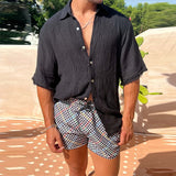 Casual Loose Solid Color Pleated Cotton Linen Shirt Men Leisure Loose Short Sleeve Lapel Buttoned Tops Summer Men's Clothes