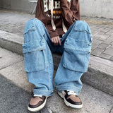 High Street Denim Trousers Men's Overalls Safari Style Multi Pockets Male Cargo Pants Casual Spring Fashion New