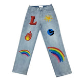 Men'S Jeans Hip-Hop Flame Rainbow Print Harajuku Trend Fashion Loose Casual Men'S And Women'S Denim Trousers Ins Hot Tide Brand