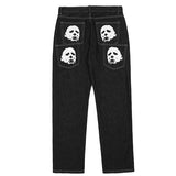 Denim Pants Men Punk Spoof Portrait Print Trousers Gothic Loose Straight Harajuku Streetwear Multiple Pockets Black Jeans Unisex