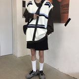Couples Knitted Sweater Vest Japanese Pullover Retro Men Korean Fashion Loose Stripe Loose Casual Harajuku V Neck Golf Vest Men