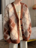 Foesce Lattice Mohair Knitted Cardigan Sweater Men's Loose Casual Patchwork Color V-neck Single Button Wear Out Tops