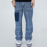 Streetwear Men's Jeans Reverse Patchwork Male Straight Denim Trousers Vintage Casual Pants Spring Stylish New