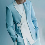 Foesce Blue and White Splicing Casual Slim Suit Suit Male Elegant Gentleman Business Slim All-match Fashion Casual Two-piece Suit