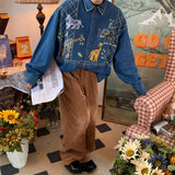 Giraffe Embroidered Zoo Denim Shirt Men Autumn New Vintage Style Casual Long Sleeve Casual Shirt Women Top Punk Style