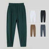 Summer Ice Silk Ultra-thin Men's Casual Suit Pants Fashion Zipper Beam Feet Street Harem  Ankle Length Trousers Black White