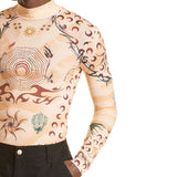 Trend Printed Slim Fit Tee Shirts Men Design Mock Neck Long Sleeve Pullovers For Mens Spring Autumn Casual Tight T-shirt Clothes