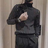 Fashion Printed Knitted Spliced Korean Turtleneck Striped Sweater Men Clothing Autumn New Loose Casual Pullovers Warm Tops