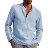 Cotton Linen Hot Sale Men's Long-Sleeved Shirts Summer Solid Color  Stand-Up Collar Casual Beach Style Plus Size