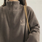 Winter Lamb Wool Hooded Sweatshirt Women Casual Thick Warm Loose Padded Jackets Coat  Hip-hop Retro Zip Up Patchwork Hoodies