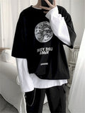 Hong Kong Style Tshirt Women T Shirt Men Goth Punk Clothes Dark Funeral Letters Autumn Fake Two-piece Long-sleeved T-shirt Tops