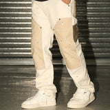 Hip Hop Khaki Cashew Flower Overalls Ink Splashing Rice White Multi-color Stitching Stiff Straight Canvas Retro Cargo Pants Men