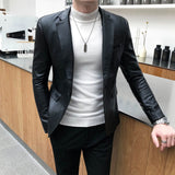 Foesce New Autumn Faux PU Leather Suit Jacket Men Korean Trendy Slim Fit White Red Black Fashion Streetwear Blazer Coat Male
