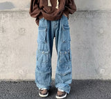 High Street Denim Trousers Men's Overalls Safari Style Multi Pockets Male Cargo Pants Casual Spring Fashion New