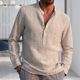 Foesce Men's Casual Cotton Linen Shirts Solid White V Neck Men Long Sleeve Shirt Button Pocket Tops Blouse Pullovers Camisas De Hombre