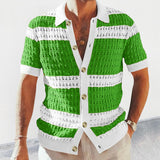 Foesce Casual Elegant Contrast Color Knitted Short-sleeved Shirt Men's Summer Slim Single-breasted Color Matching Hollow Lapel Top