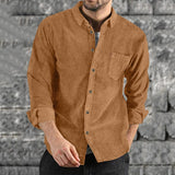 Foesce Leisure Slim Fit Solid Color Corduroy Shirts Men Fall Fashion Turn-down Collar Buttoned Cardigan Tops Mens Spring Fashion Shirt